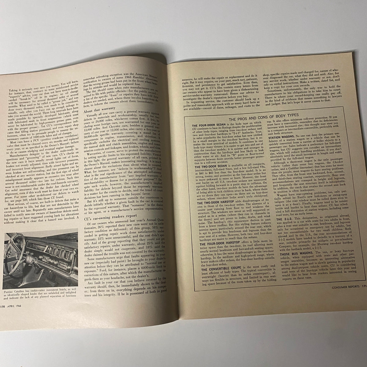 Interior pages of Consumer Reports Magazine April 1966 detailing pros and cons of different body types of cars along with product ratings.