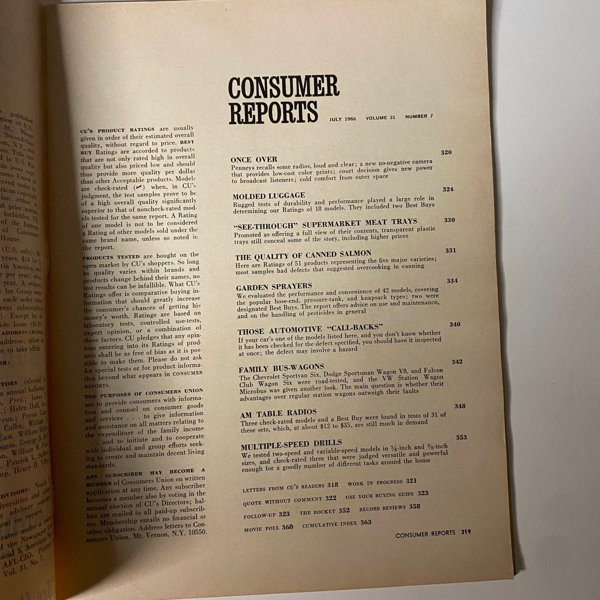 Inside page of Consumer Reports Magazine July 1966 featuring articles and ratings, including a focus on 'see-through' supermarket meat trays and molded luggage.