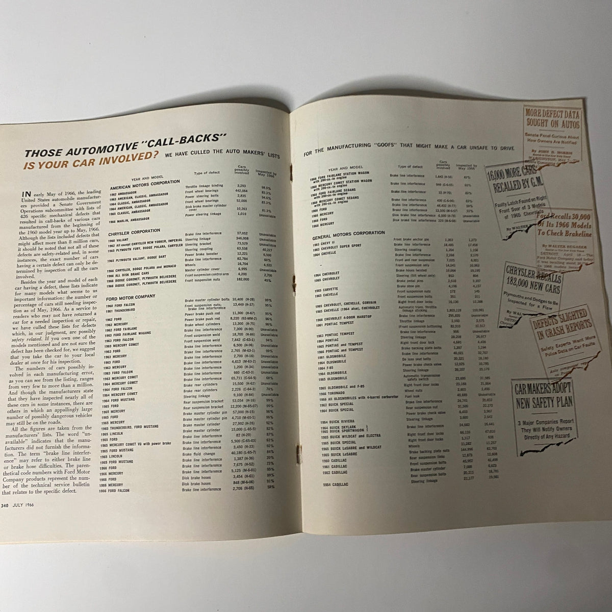 Another inside page from Consumer Reports Magazine July 1966 detailing automotive callback information and safety issues, emphasizing consumer awareness.