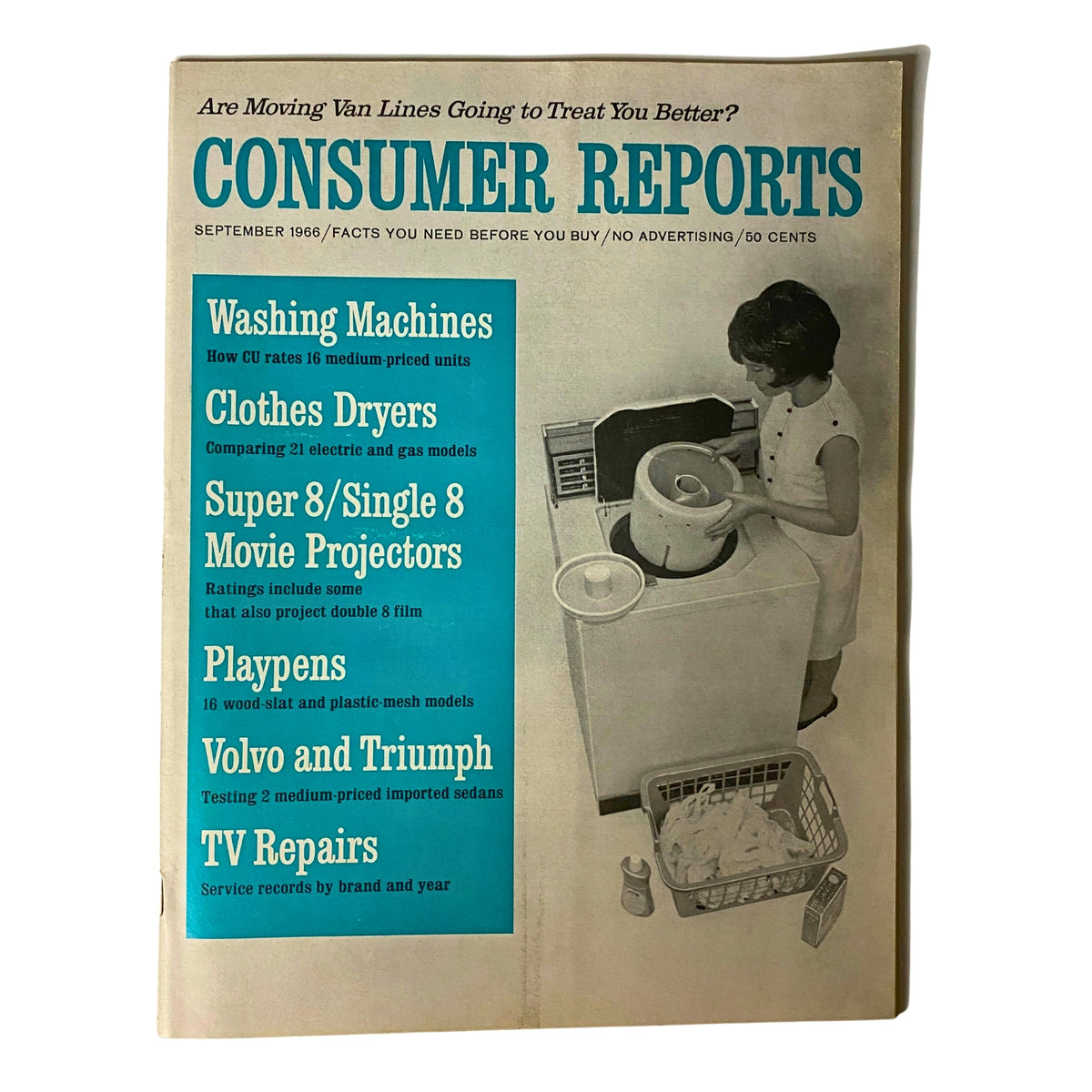Cover of Consumer Reports Magazine from September 1966 featuring washing machine prices, clothes dryers, movie projectors, and consumer product ratings, in very good condition.