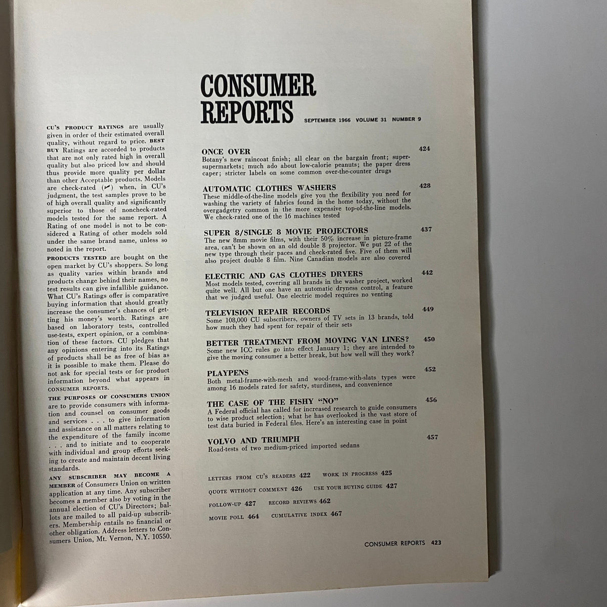 Interior page of Consumer Reports Magazine September 1966 showcasing product ratings and evaluations for washing machines, movie projectors, and clothes dryers.