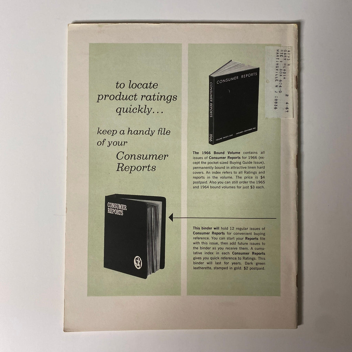 Consumer Reports Magazine January 1967 advertisement showcasing a binder for organizing issues of Consumer Reports, highlighting the convenience of keeping a file of useful product ratings.