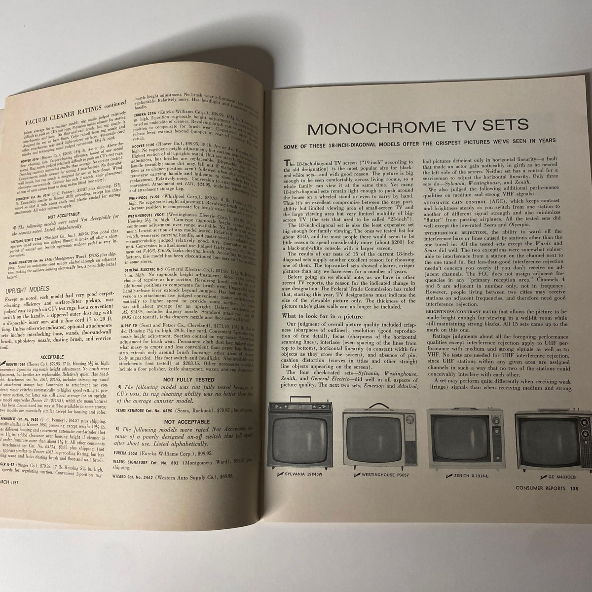 Consumer Reports Magazine March 1967 showcasing an article about vacuum cleaner ratings with detailed evaluations and recommendations for consumers.