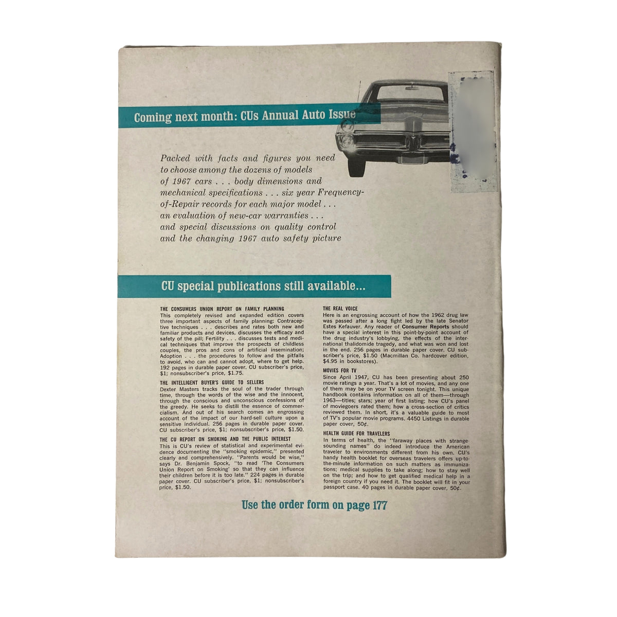 Consumer Reports Magazine March 1967 back cover highlighting upcoming features including the auto issue and CU special publications.