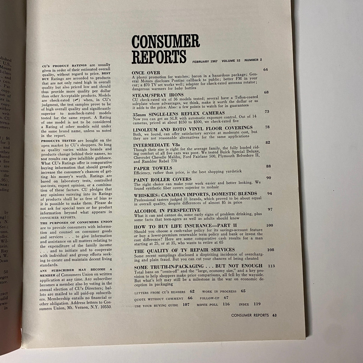 Table of contents from Consumer Reports Magazine February 1967, listing topics like steam irons, floor coverings, and Canadian imports.