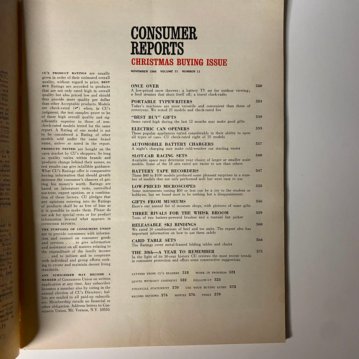 Inside page of Consumer Reports Magazine November 1966 Christmas Buying Issue showing product ratings and holiday shopping advice.
