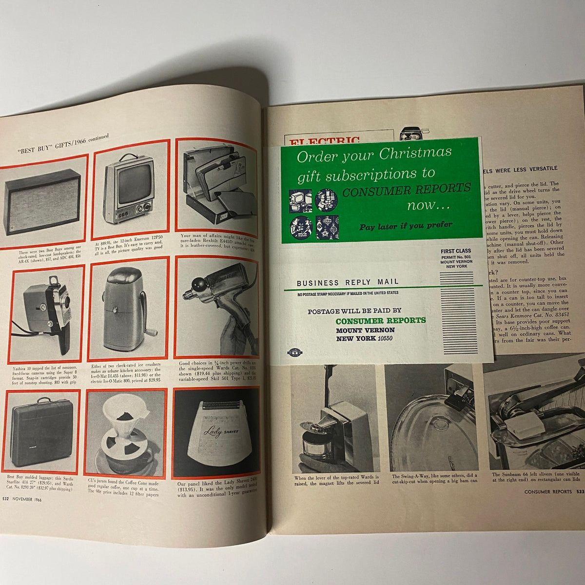 Page from Consumer Reports Magazine November 1966 Christmas Buying Issue, highlighting 'Best Buy' gifts along with product images and descriptions.