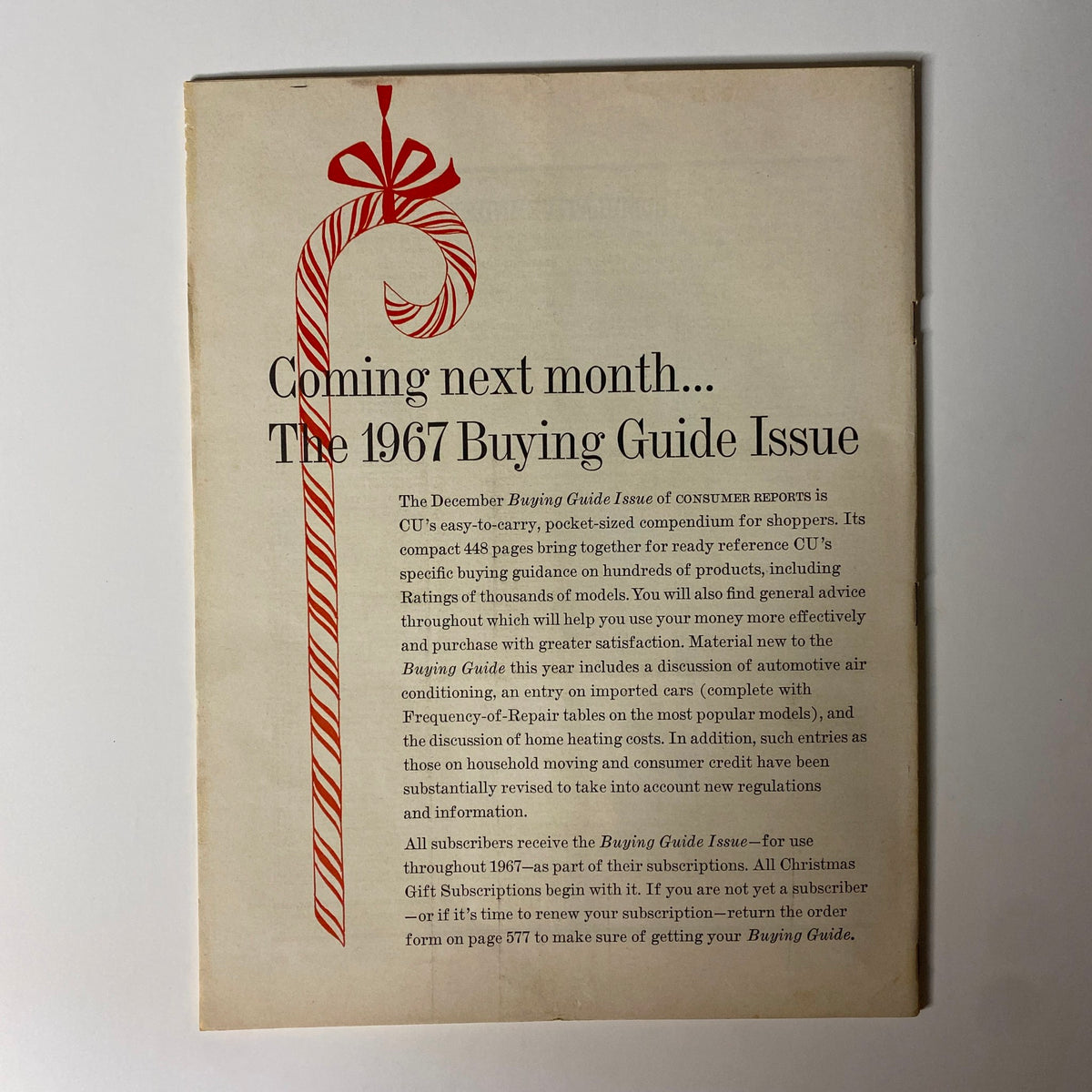 Back cover of Consumer Reports Magazine November 1966 Christmas Buying Issue announcing the upcoming December 1967 Buying Guide Issue.