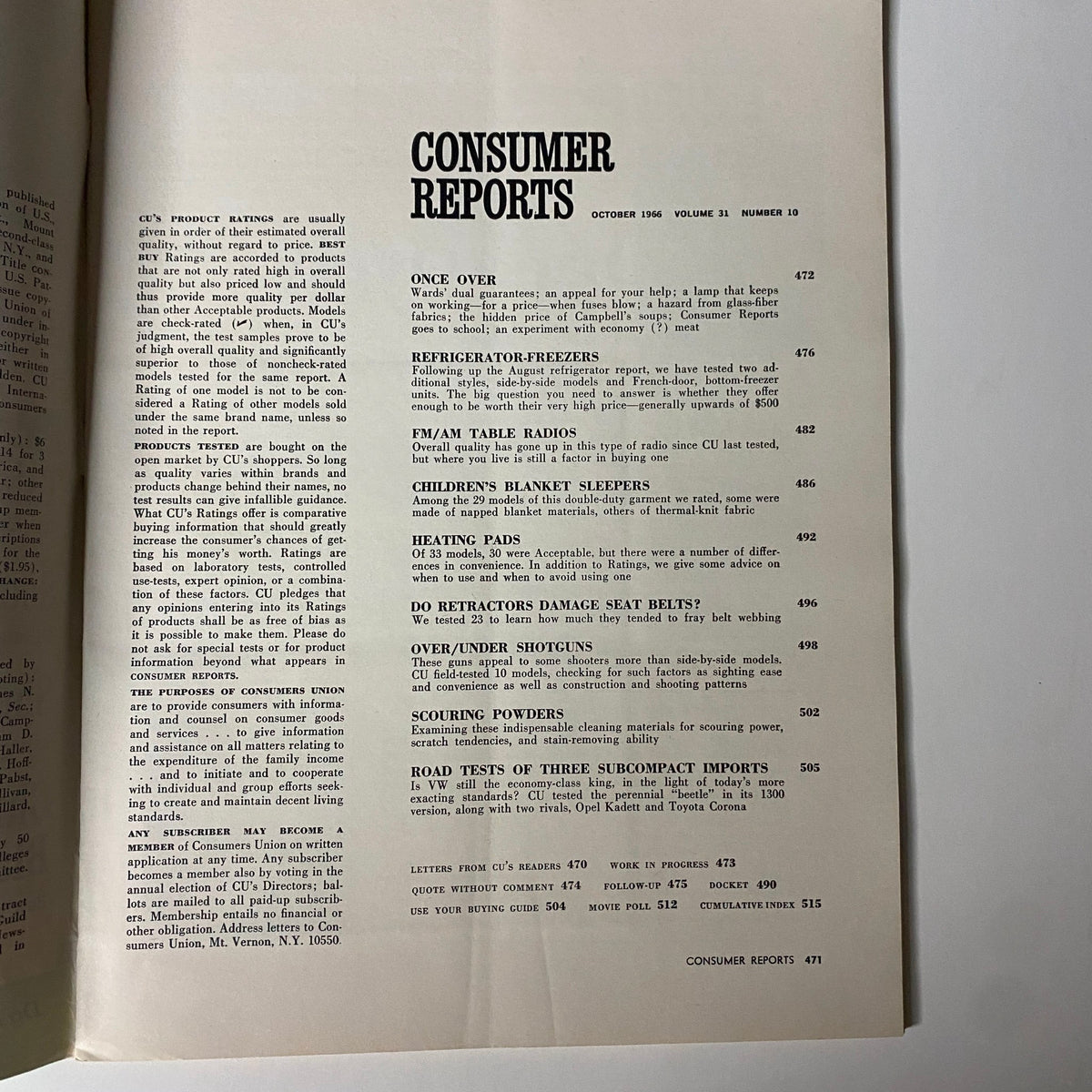 Consumer Reports Magazine October 1966 page showcasing the table of contents, detailing featured product tests including Refrigerator-Freezers and FM/AM Table Radios.