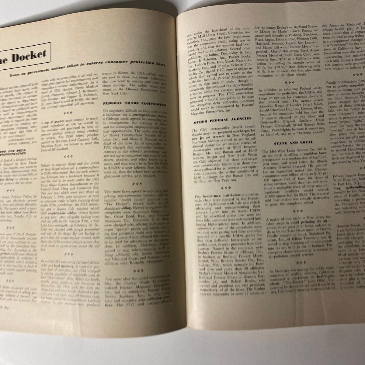 Consumer Reports Magazine October 1966 internal pages discussing consumer protection and product evaluations, including insights on various household products.