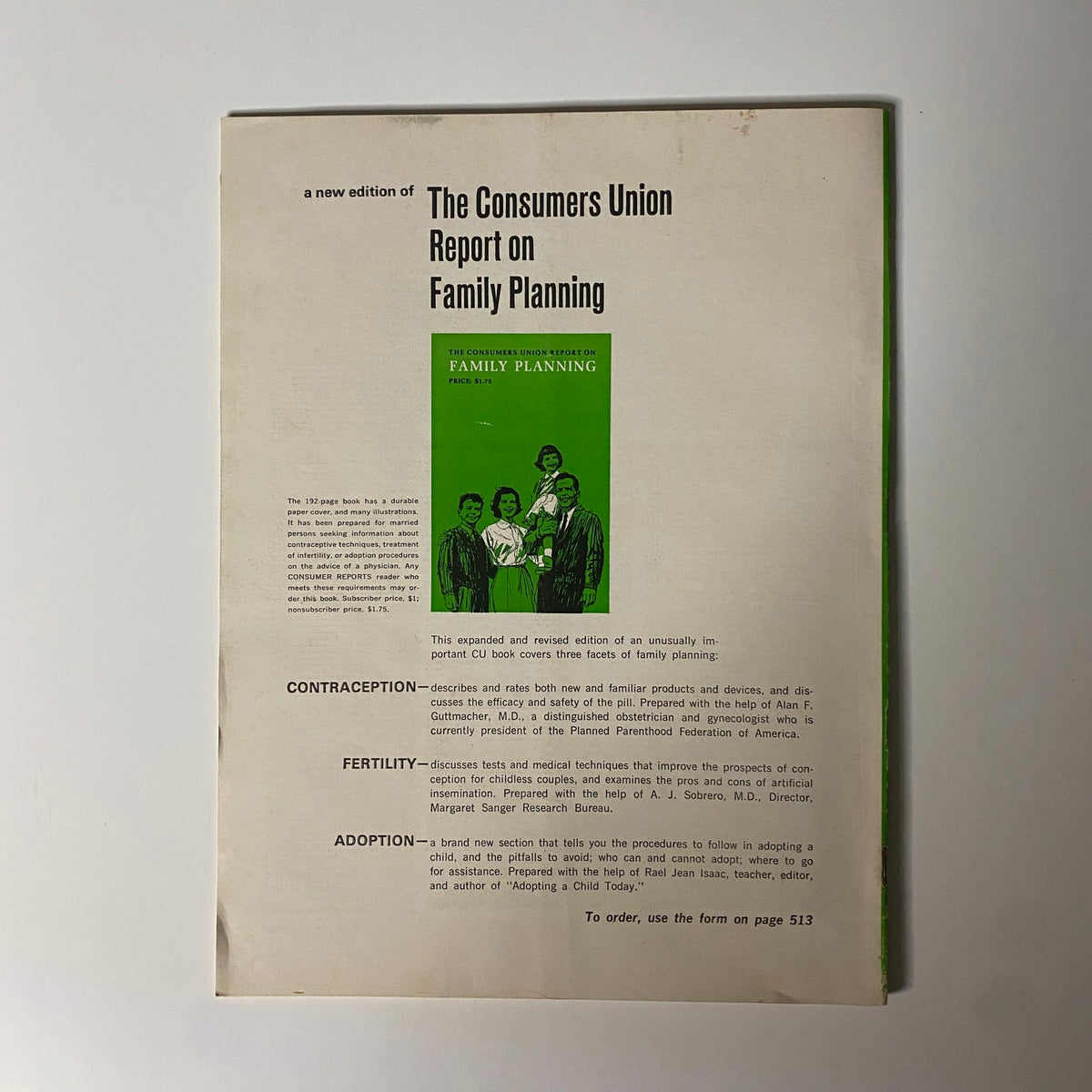 Consumer Reports Magazine October 1966 back cover advertising 'The Consumers Union Report on Family Planning', highlighting important consumer information.