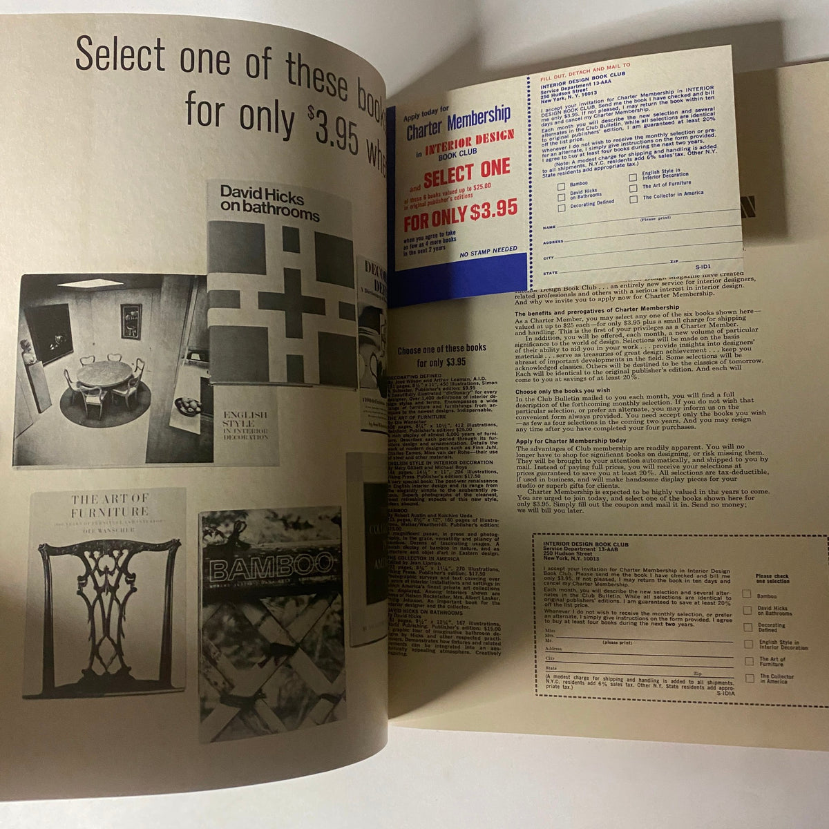 Interior page of Art in America Magazine March 1971 featuring book advertisements and membership options for an interior design book club.