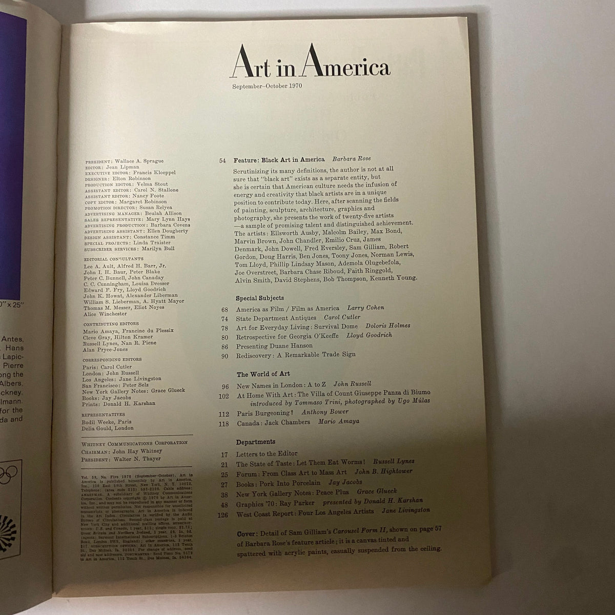 Table of contents for Art in America Magazine September 1970 highlighting articles on Black Art in America and key contributors.