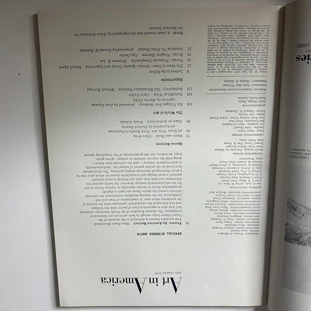 Table of contents page from Art in America Magazine July 1970, displaying featured articles and page numbers related to art and cultural critique.