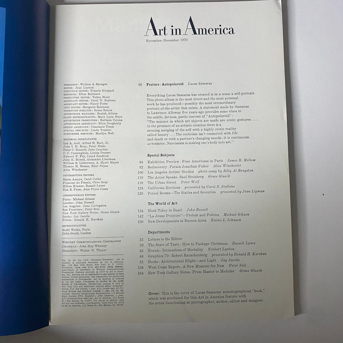 Art in America Magazine November 1970 Lucas Samaras' Book No Label VG