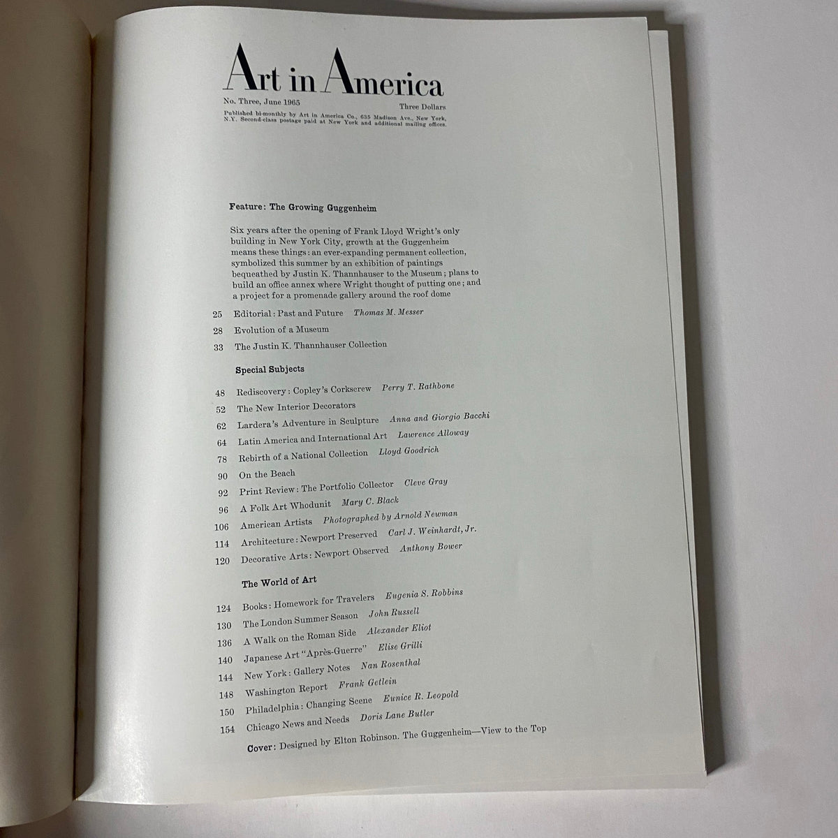 Table of contents from Art in America Magazine June 1965, detailing features on the Guggenheim and other art topics.