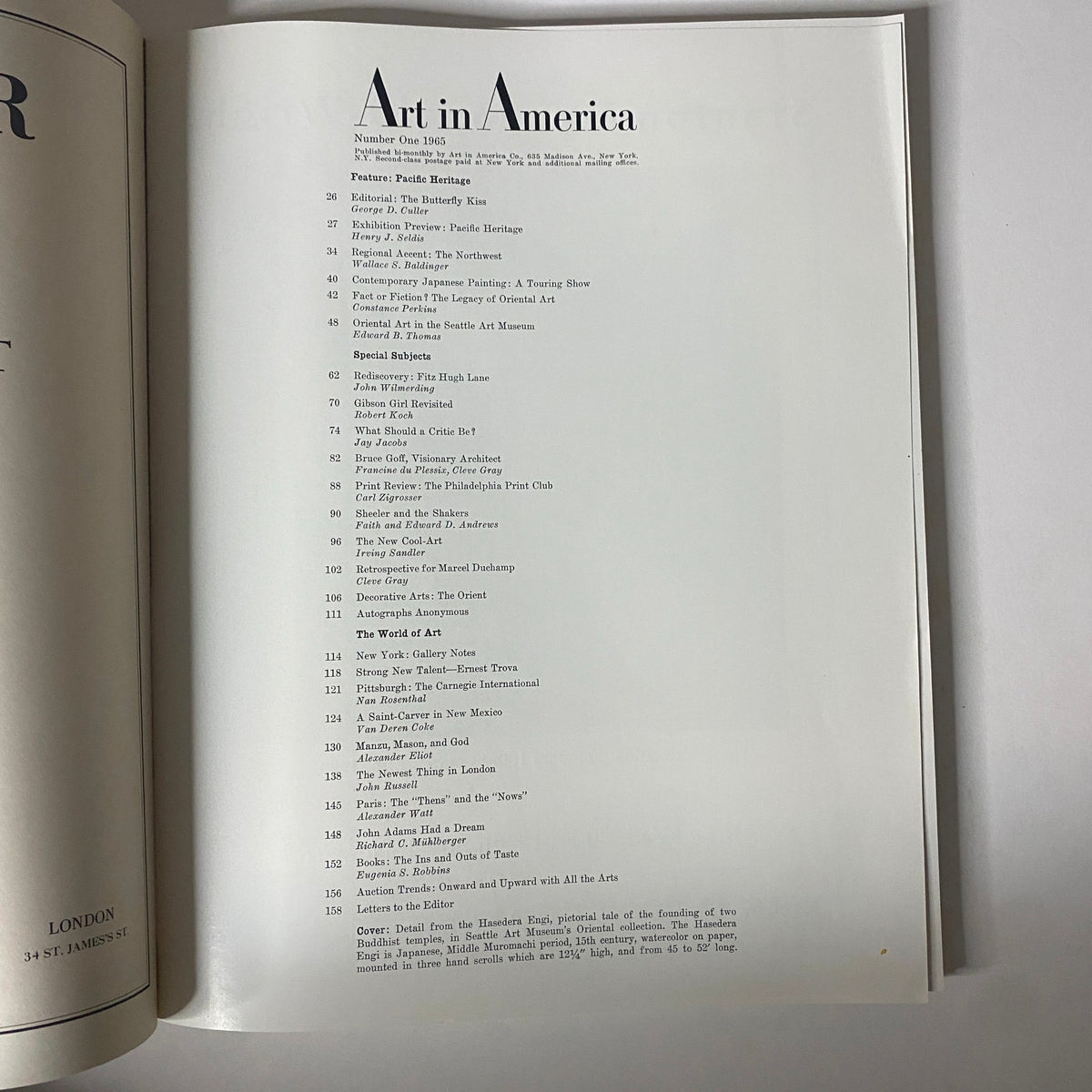 Table of contents from Art in America Magazine No. 1 1965 showcasing featured articles and highlights of the issue.