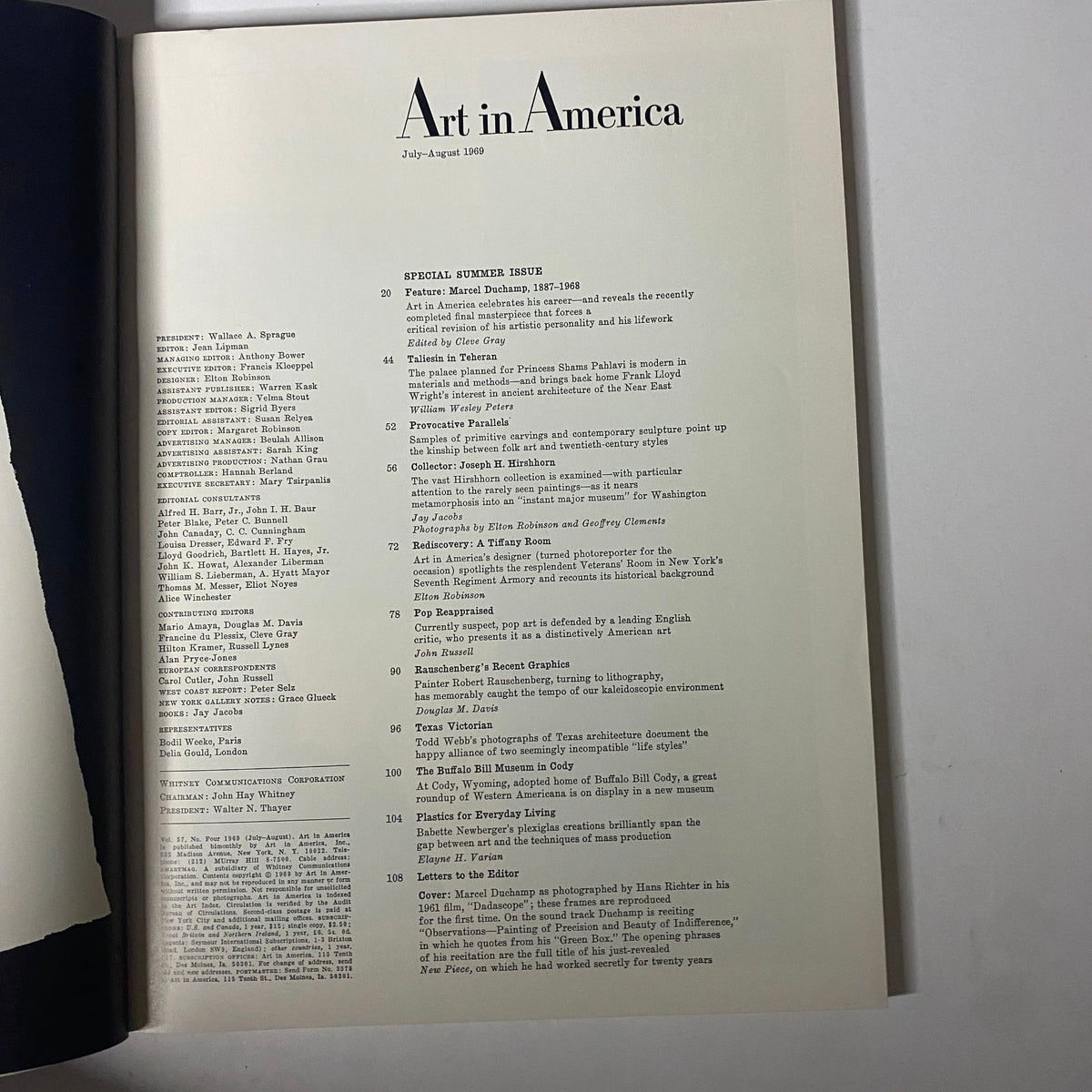 Table of contents from Art in America Magazine July 1969, highlighting features on Marcel Duchamp and contemporary art.