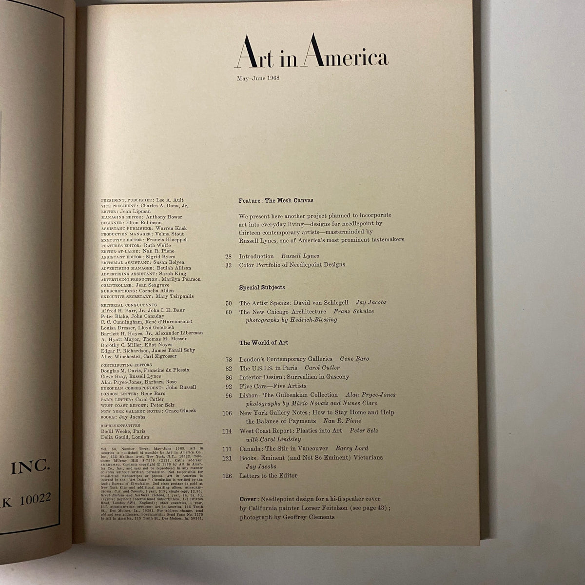 Table of contents from Art in America May 1968, detailing featured articles and highlights including 'The Mesh Canvas' and interviews with contemporary artists.