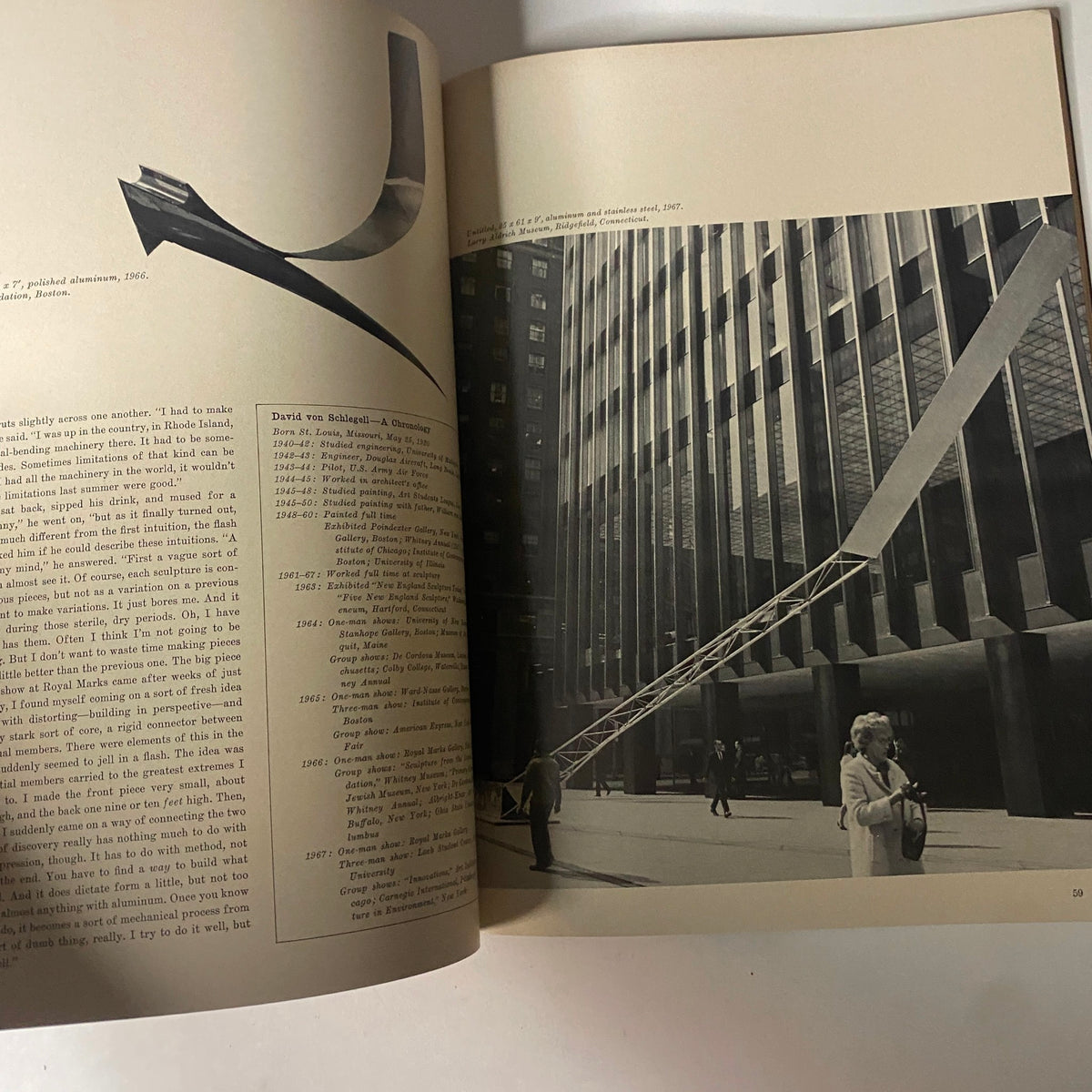 An interior page from Art in America May 1968 showcasing an article about sculptor David von Schlegell and modern art architecture.