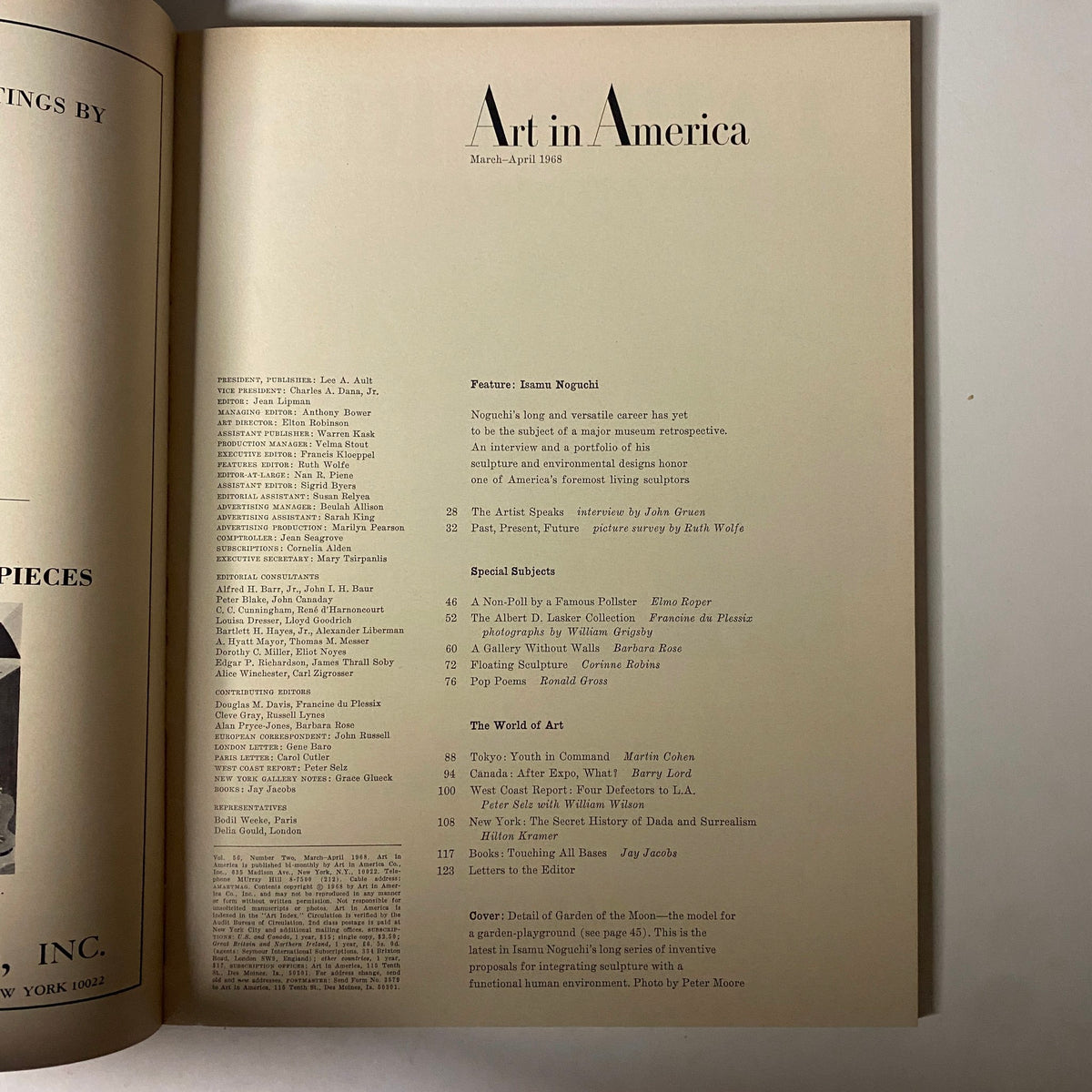 Table of contents from Art in America Magazine March-April 1968 featuring a feature on artist Isamu Noguchi and special subjects related to art.