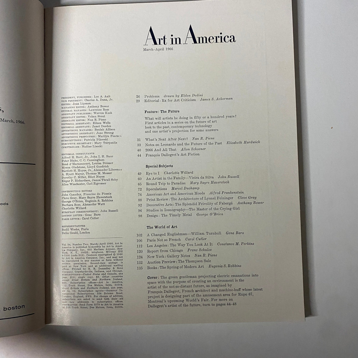 Table of contents page from Art in America Magazine March 1966, outlining featured articles and special subjects relating to the future of art and technology.