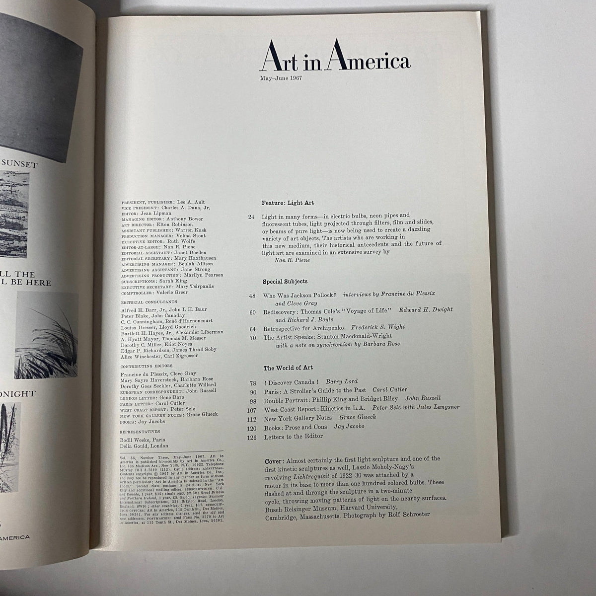 Interior page of Art in America Magazine May 1967, detailing the feature on Light Art and listing various articles and special subjects in the issue.