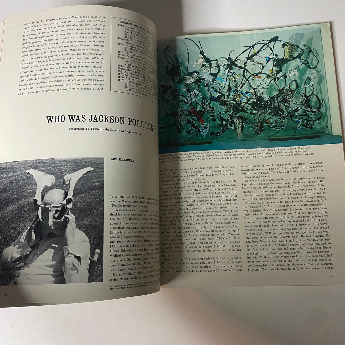 Art in America May 1967 issue featuring an article titled 'Who Was Jackson Pollock?' with photographs and text discussing the life and works of artist Jackson Pollock.