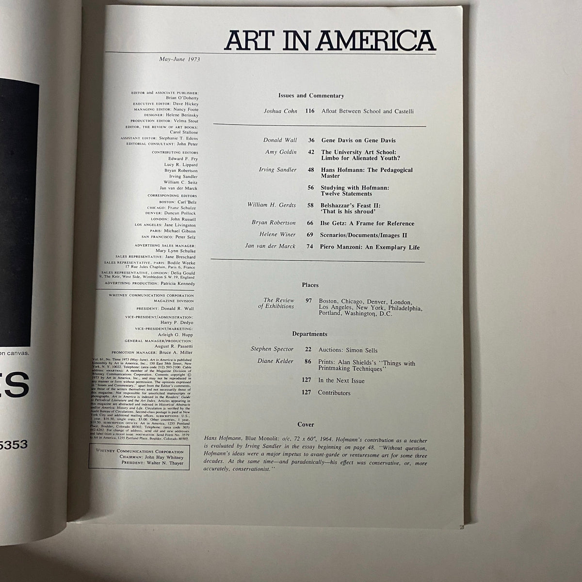 Art in America Magazine May 1973 Hans Hofmann's Blue Monolit No Label VG