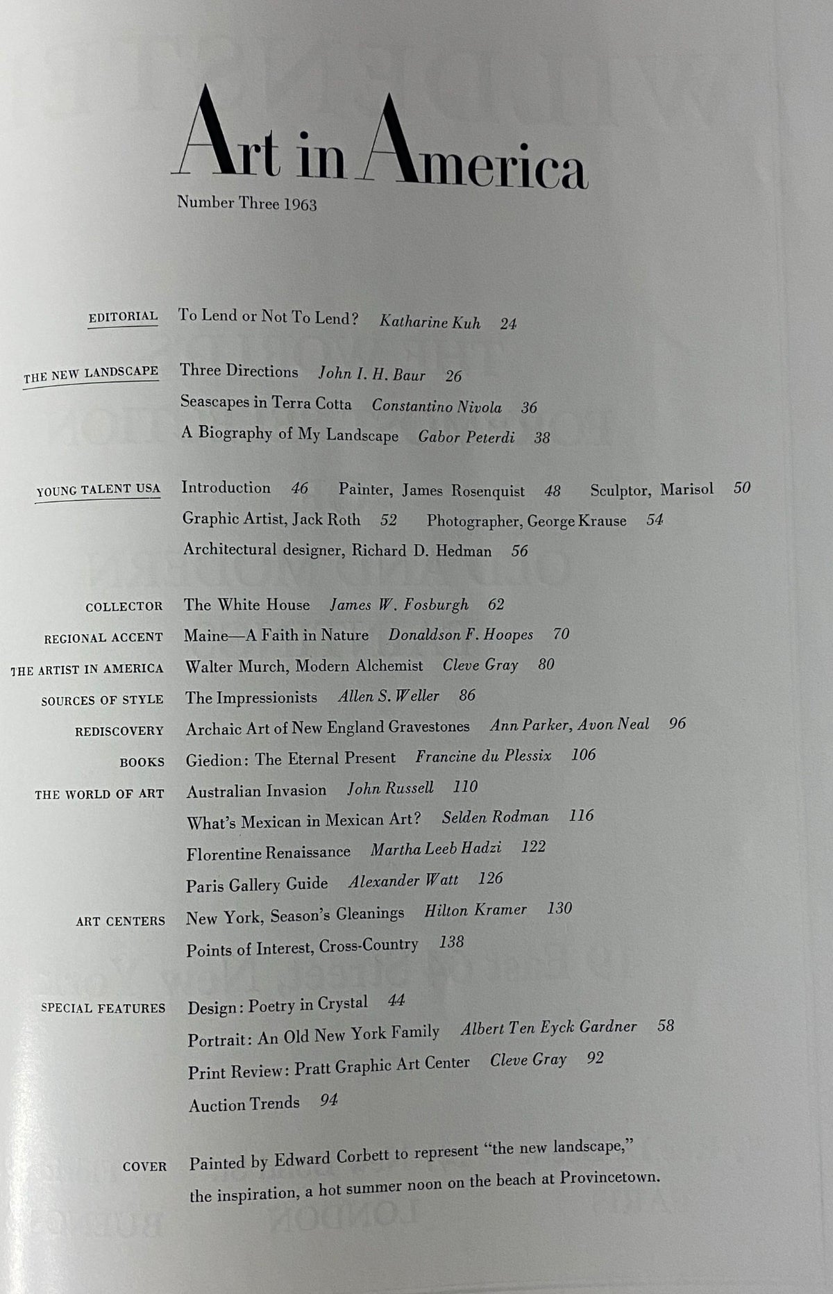 Table of contents page from Art in America Magazine No. 3 1963, listing featured articles and artists.