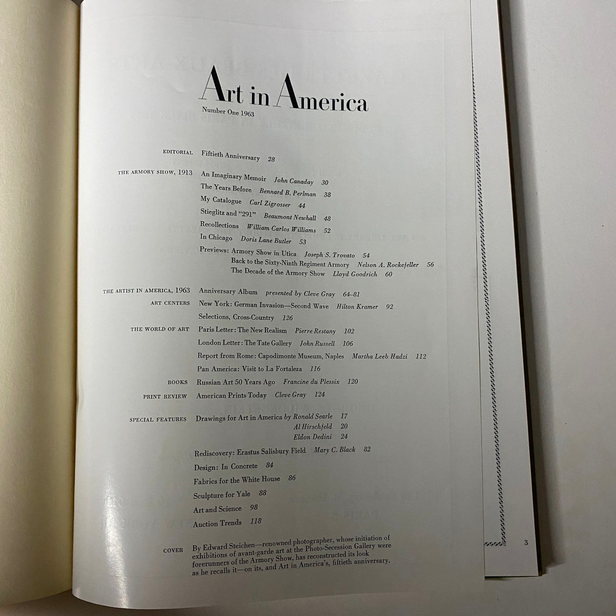 Interior page of Art in America Magazine No. 1, 1963 displaying editorial contents including articles on the Armory Show and American art history.