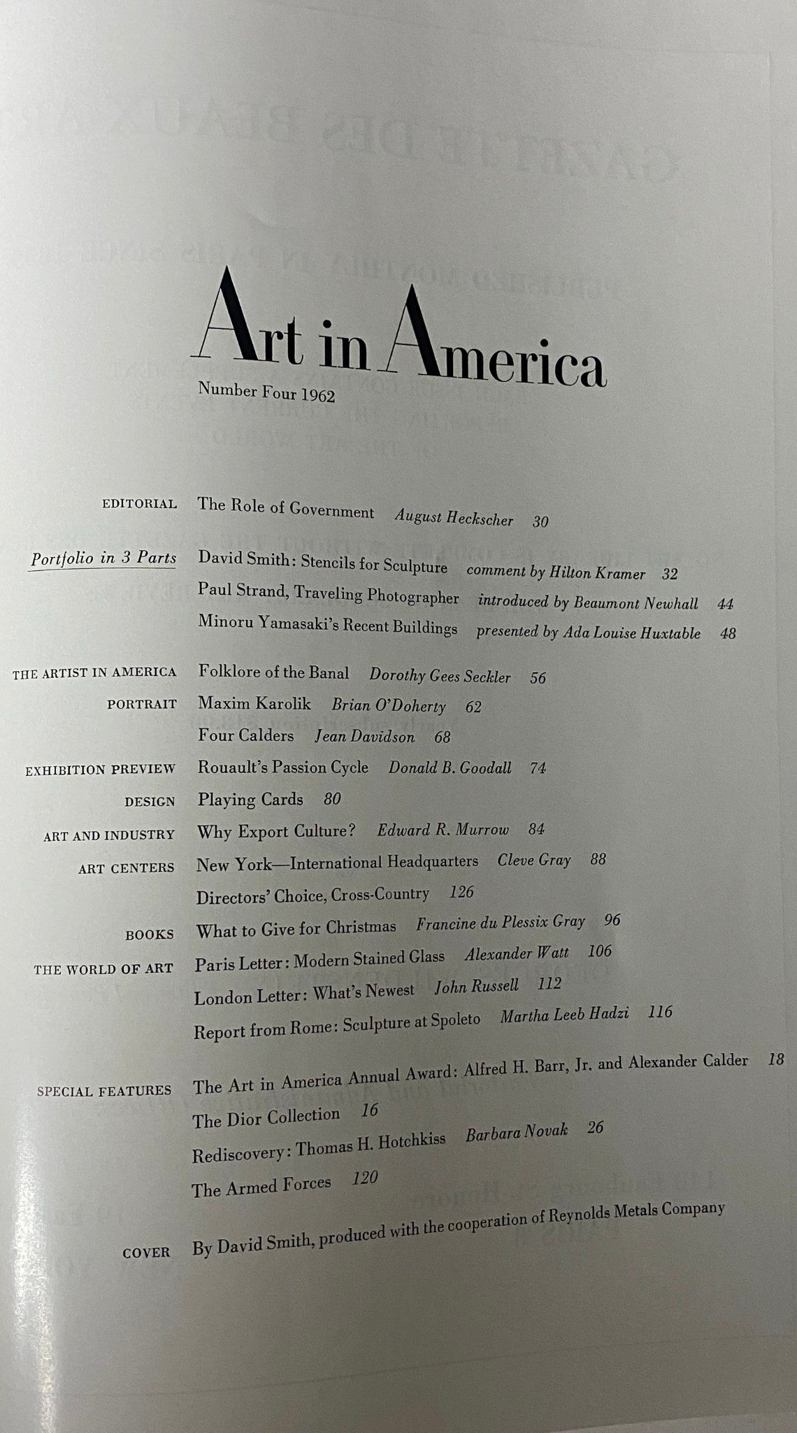 Interior page from Art in America Magazine No. 4, 1962, displaying the table of contents, highlighting featured artists and articles, including David Smith and Paul Strand.