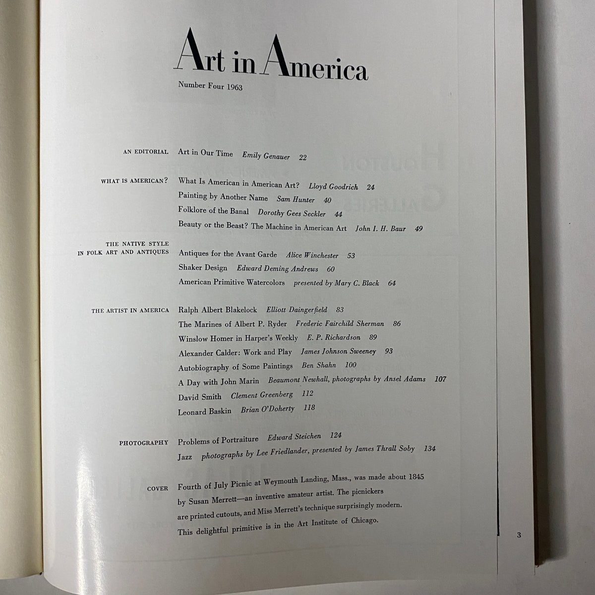 Table of contents page from Art in America Magazine No. 4 1963, detailing articles and features on American art.