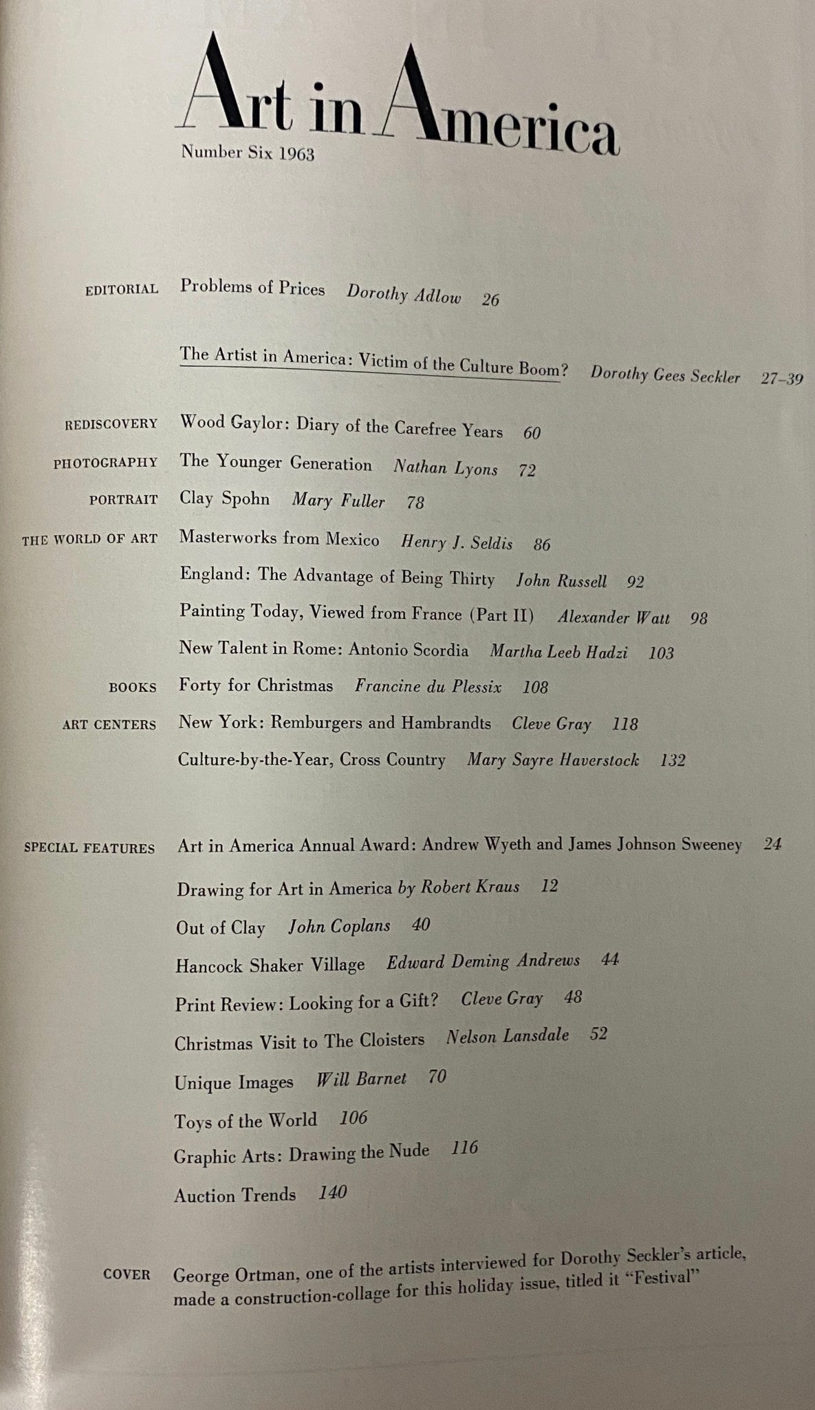 Table of contents of Art in America Magazine No. 6 from 1963 showcasing featured articles and contributors.