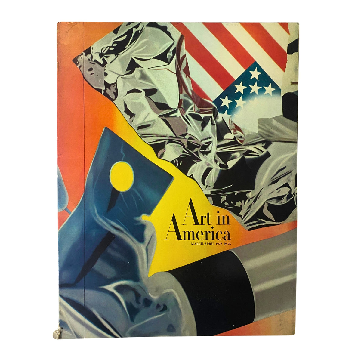 Cover of the March 1972 issue of Art in America magazine featuring James Rosenquist's Flamingo Capsule artwork with vibrant colors and American flag elements.