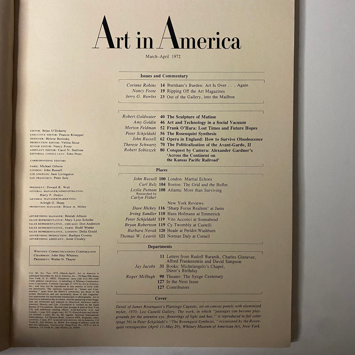 Table of contents page from the March-April 1972 issue of Art in America magazine, detailing various articles and commentary on contemporary art.