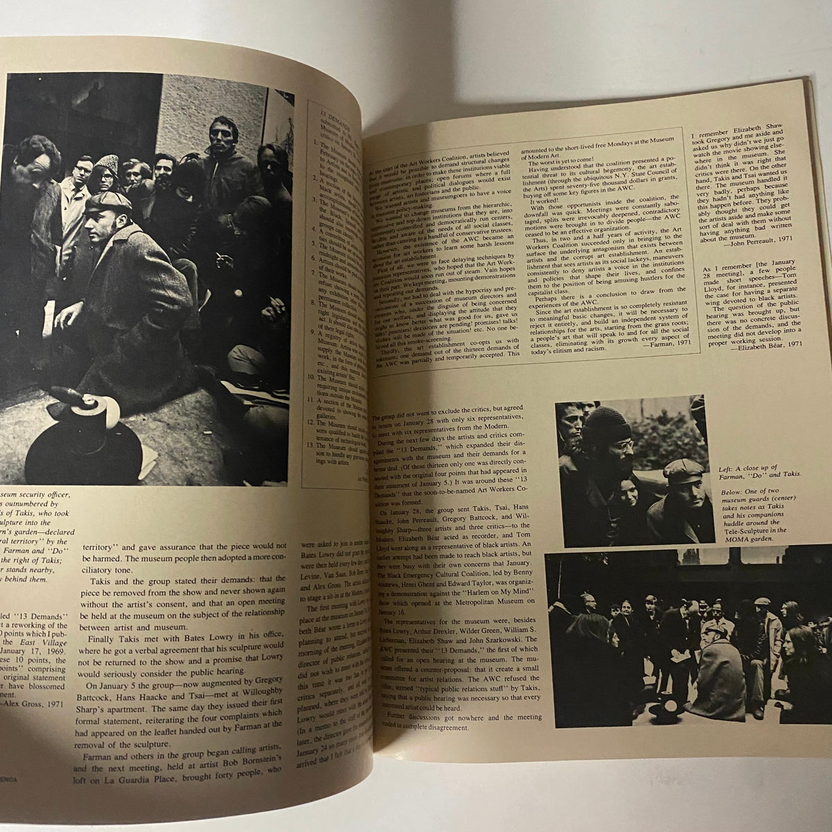 Image showcasing an article from the March 1972 issue of Art in America, featuring a gathering of people discussing artistic topics.