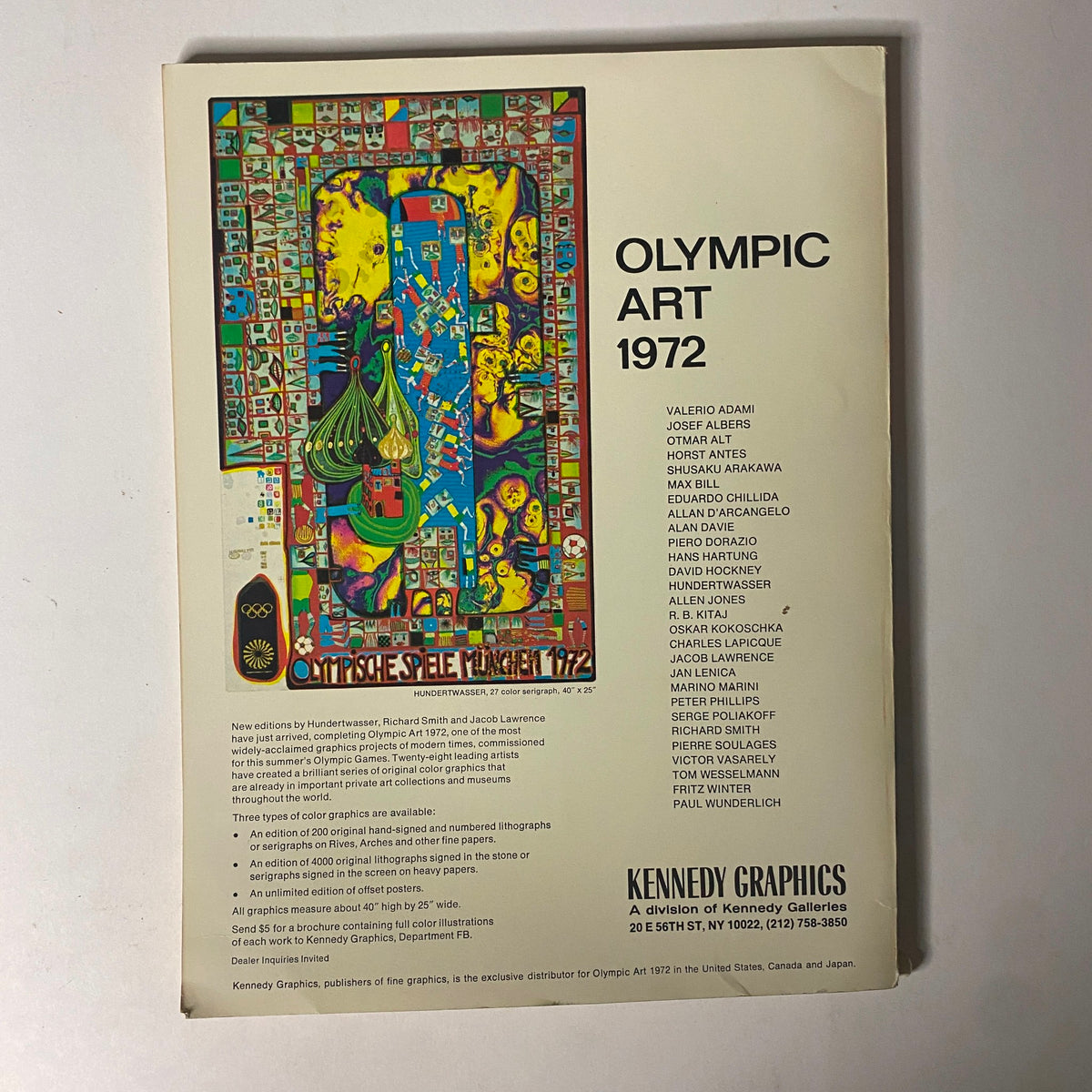 Back cover of the March 1972 issue of Art in America magazine highlighting Olympic Art 1972, including a colorful print by Hundertwasser.