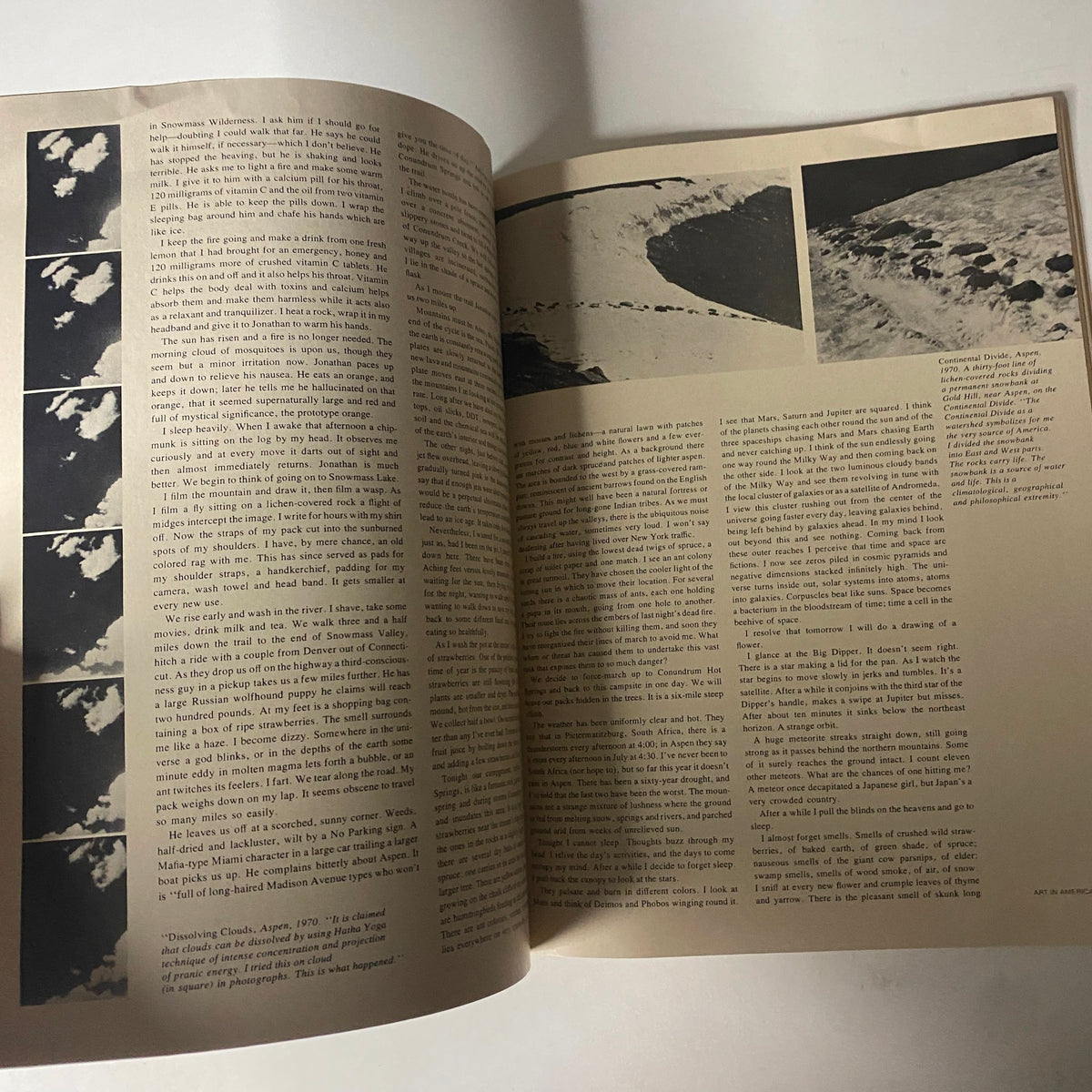 Art in America Magazine January-February 1972 open pages displaying text and images from an article discussing nature and landscape photography.