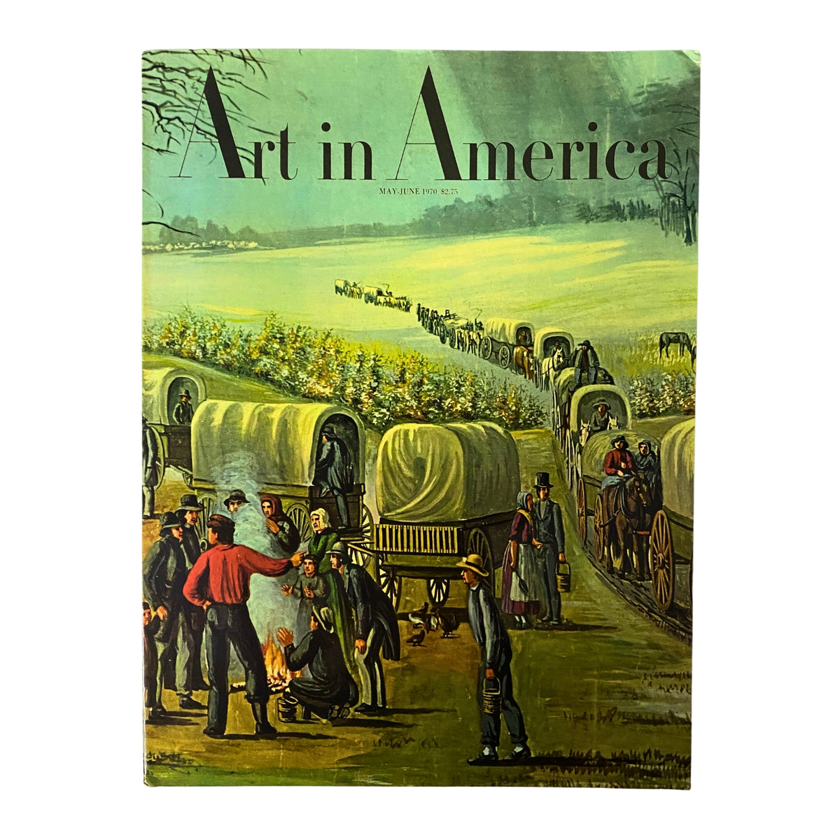 Cover of Art in America Magazine May 1970 featuring a historical illustration of Mormon migration with covered wagons and figures gathering around a fire, symbolizing the cultural heritage of the Mormon community.