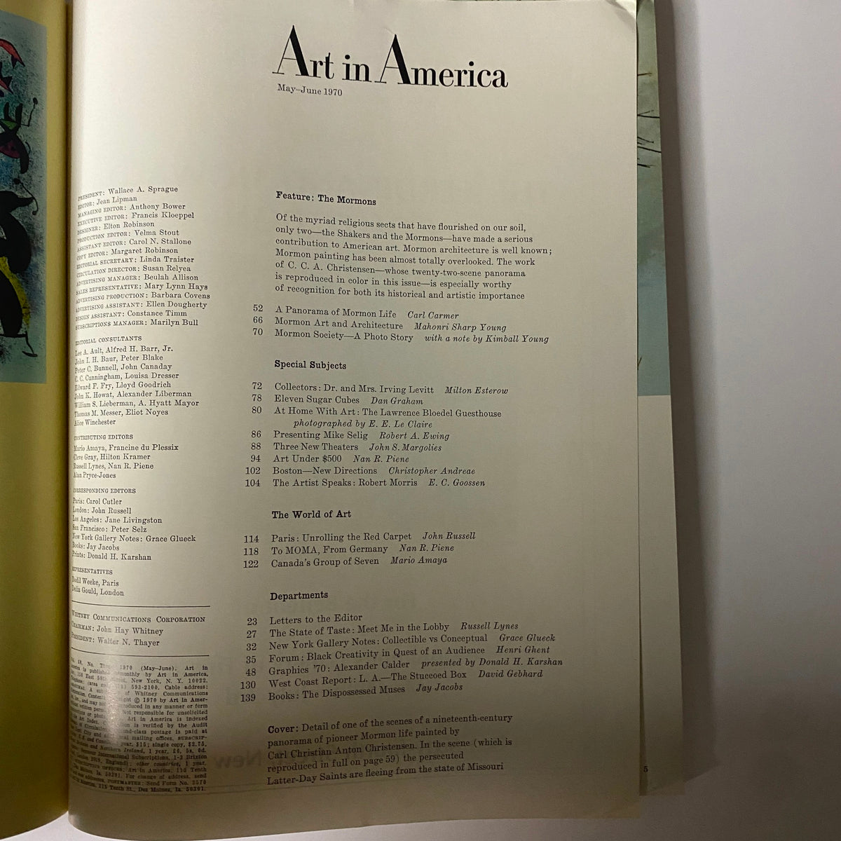 Table of contents of Art in America Magazine May 1970, highlighting features on Mormon art and architecture, including articles by notable authors and an overview of the issue's themes.