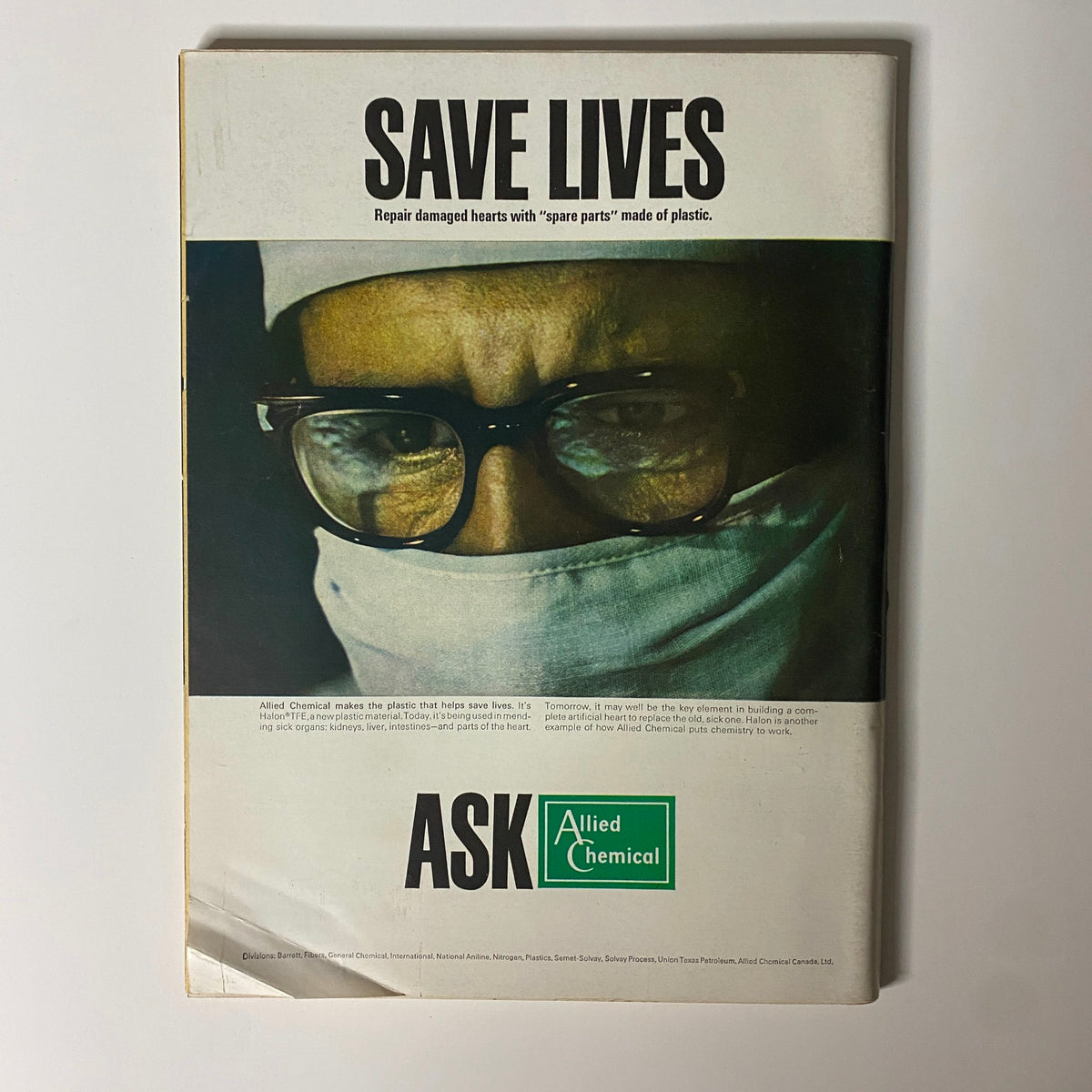 Advertisement from Businessweek Magazine May 14, 1966, highlighting Allied Chemical's contributions to medical innovation with a focus on life-saving plastic parts.