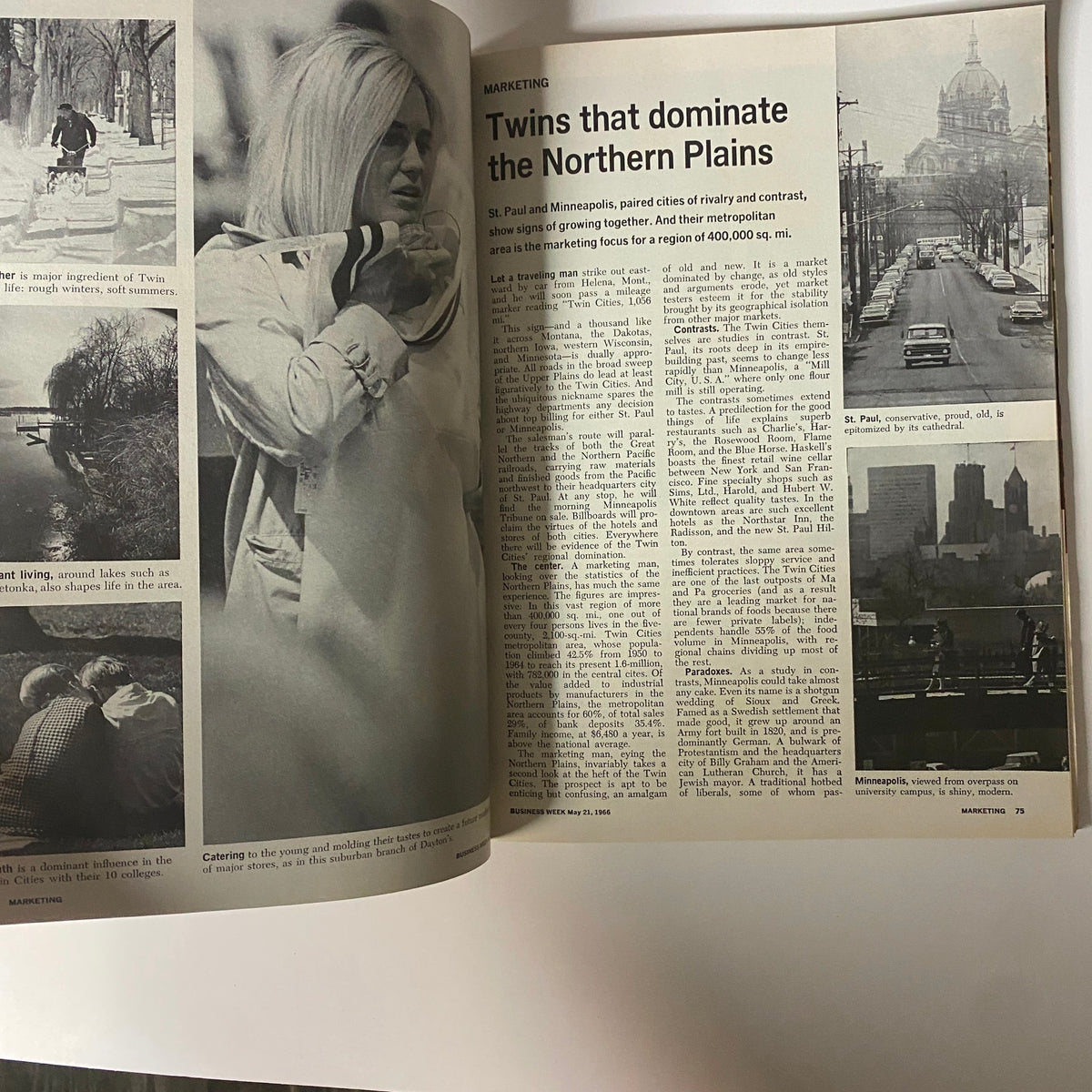 Feature article titled 'Twins that dominate the Northern Plains' in Businessweek Magazine from May 21, 1966, discussing urban dynamics between St. Paul and Minneapolis with historical imagery.
