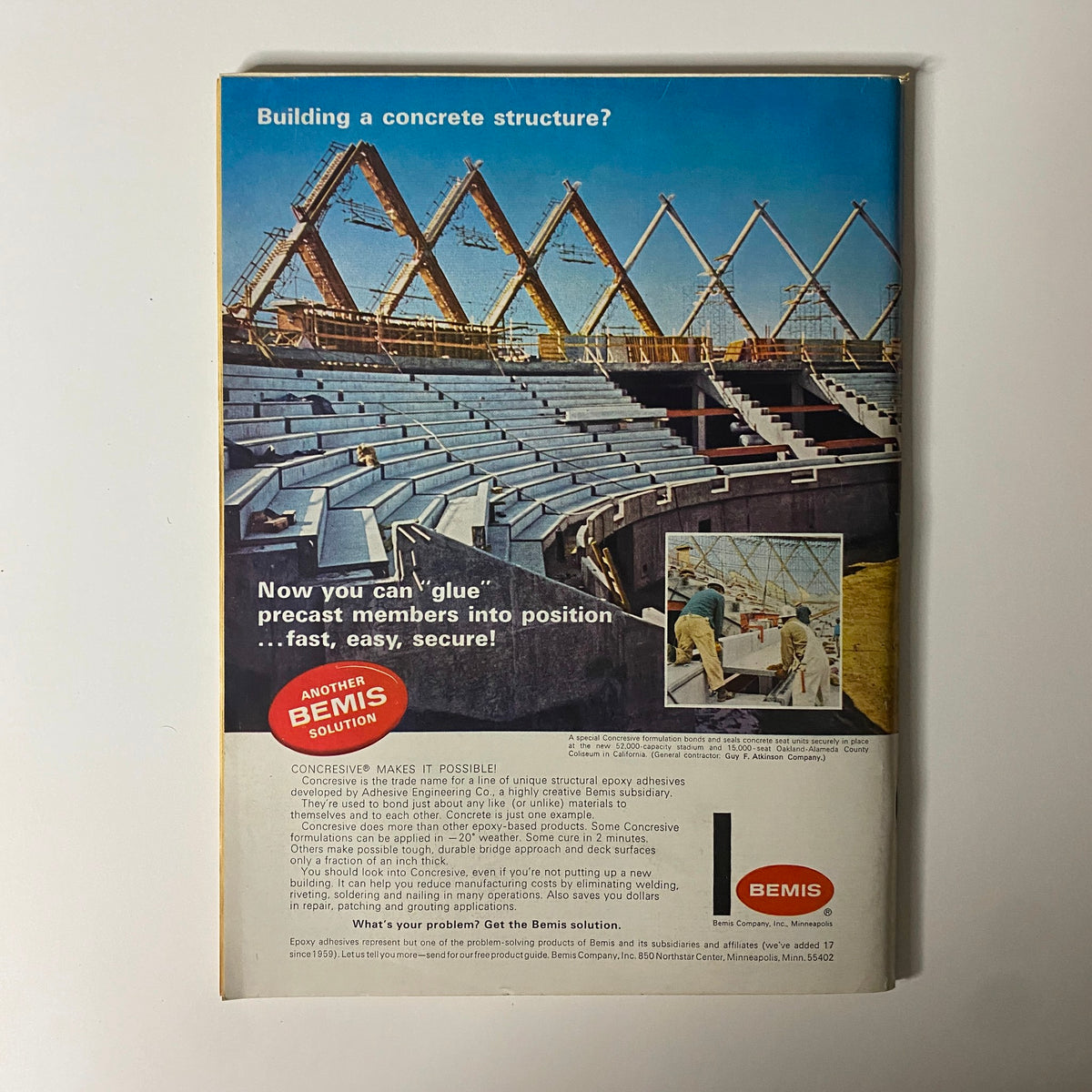 Back cover of Businessweek Magazine June 4, 1966 featuring an advertisement for Bemis structural epoxy adhesives with a focus on concrete construction solutions.