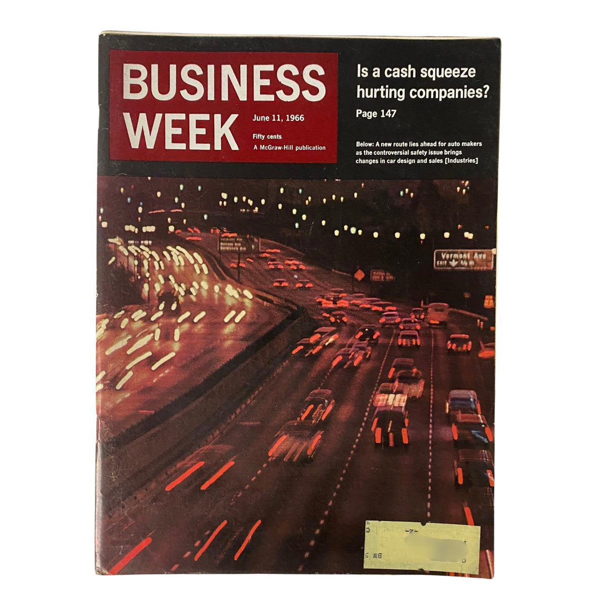 Cover of Businessweek Magazine June 11, 1966, featuring a nighttime highway scene with illuminated vehicles, highlighting the theme of automobile safety.