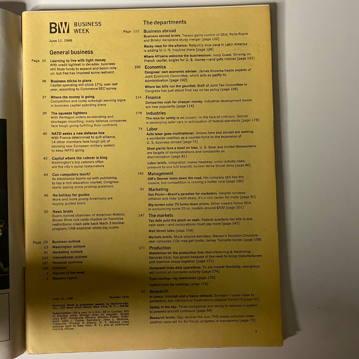 Table of contents from Businessweek Magazine June 11, 1966, listing articles on economic trends, labor movements, and the automotive safety issue.