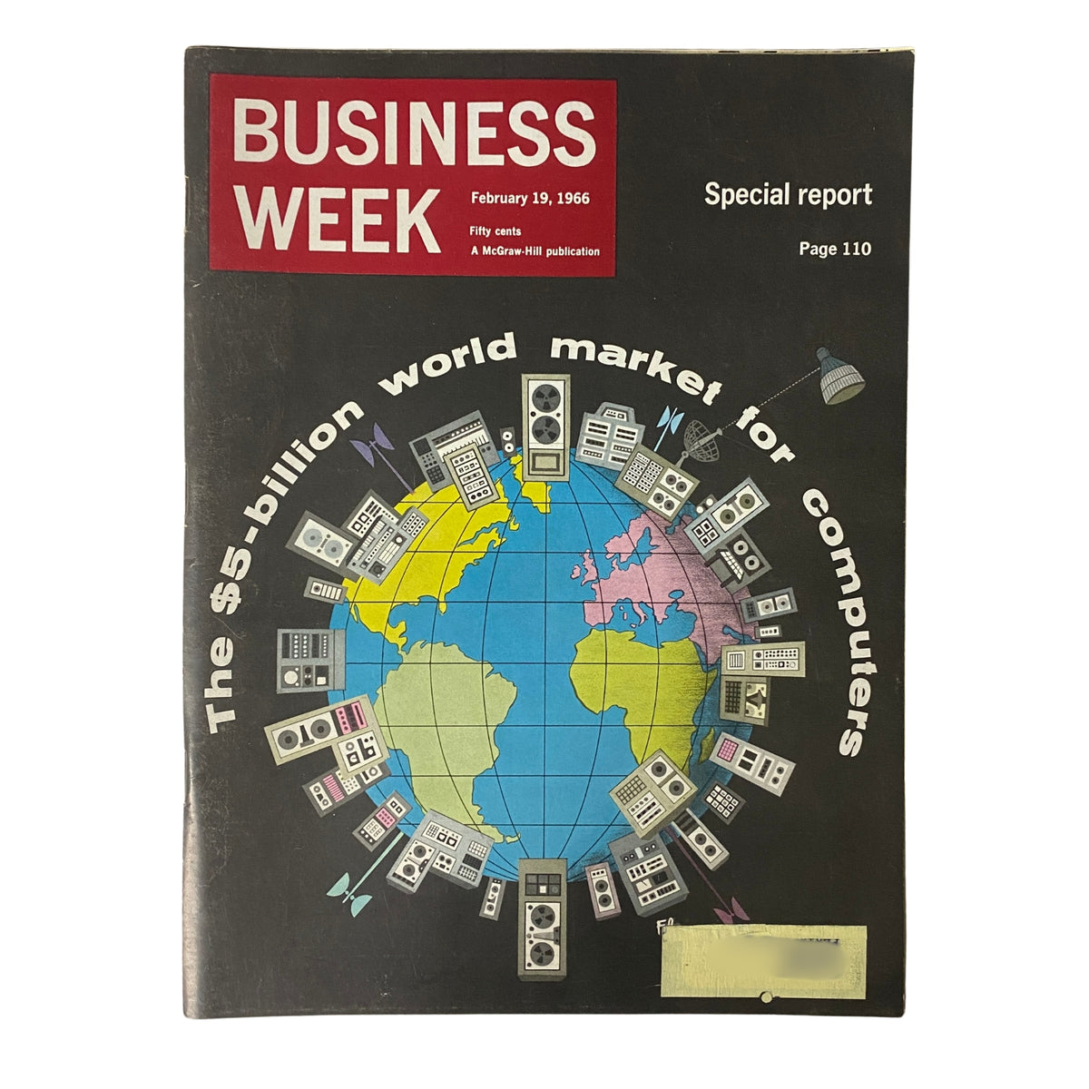 Cover of Businessweek Magazine February 19, 1966, featuring a special report on the $5 billion world market for computers, illustrated with graphics representing global technology.