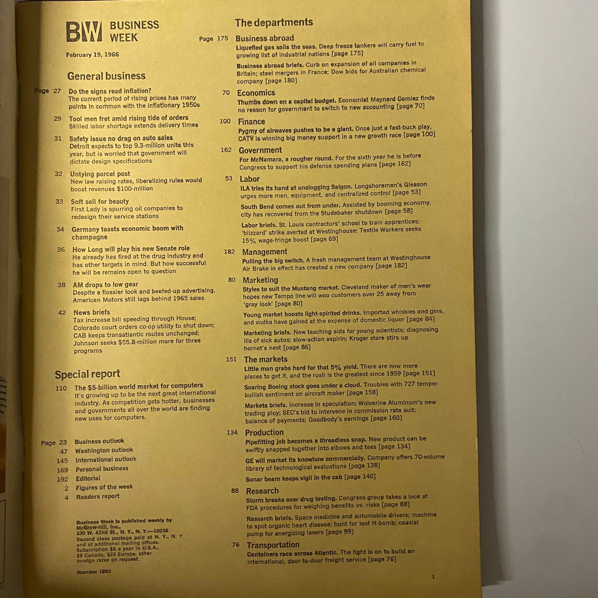 Table of contents from Businessweek Magazine February 19, 1966, detailing sections including the special report on the $5 billion world market for computers.