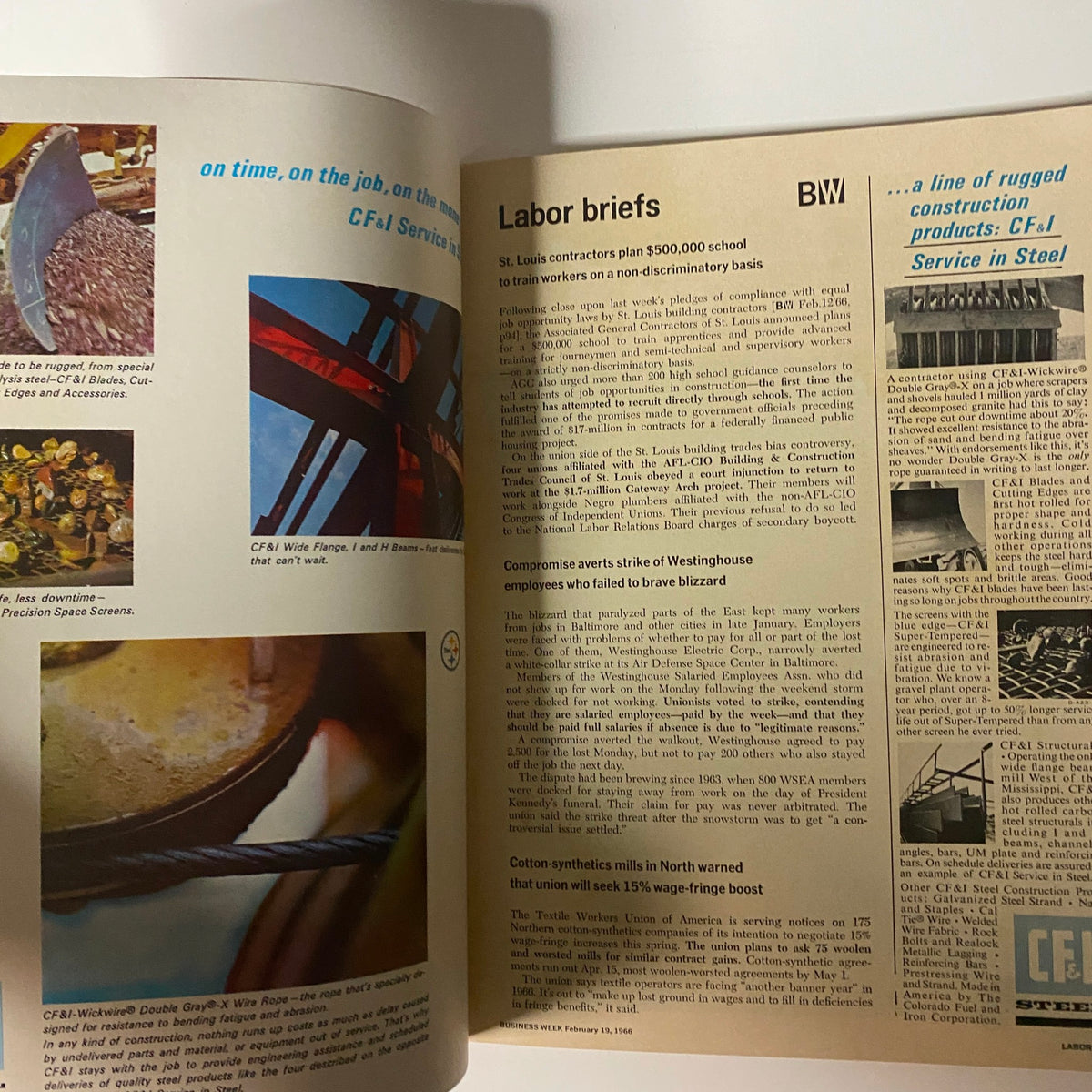 Inside pages of Businessweek Magazine February 19, 1966, showing articles related to labor and economic themes in the context of the $5 billion world market for computers.