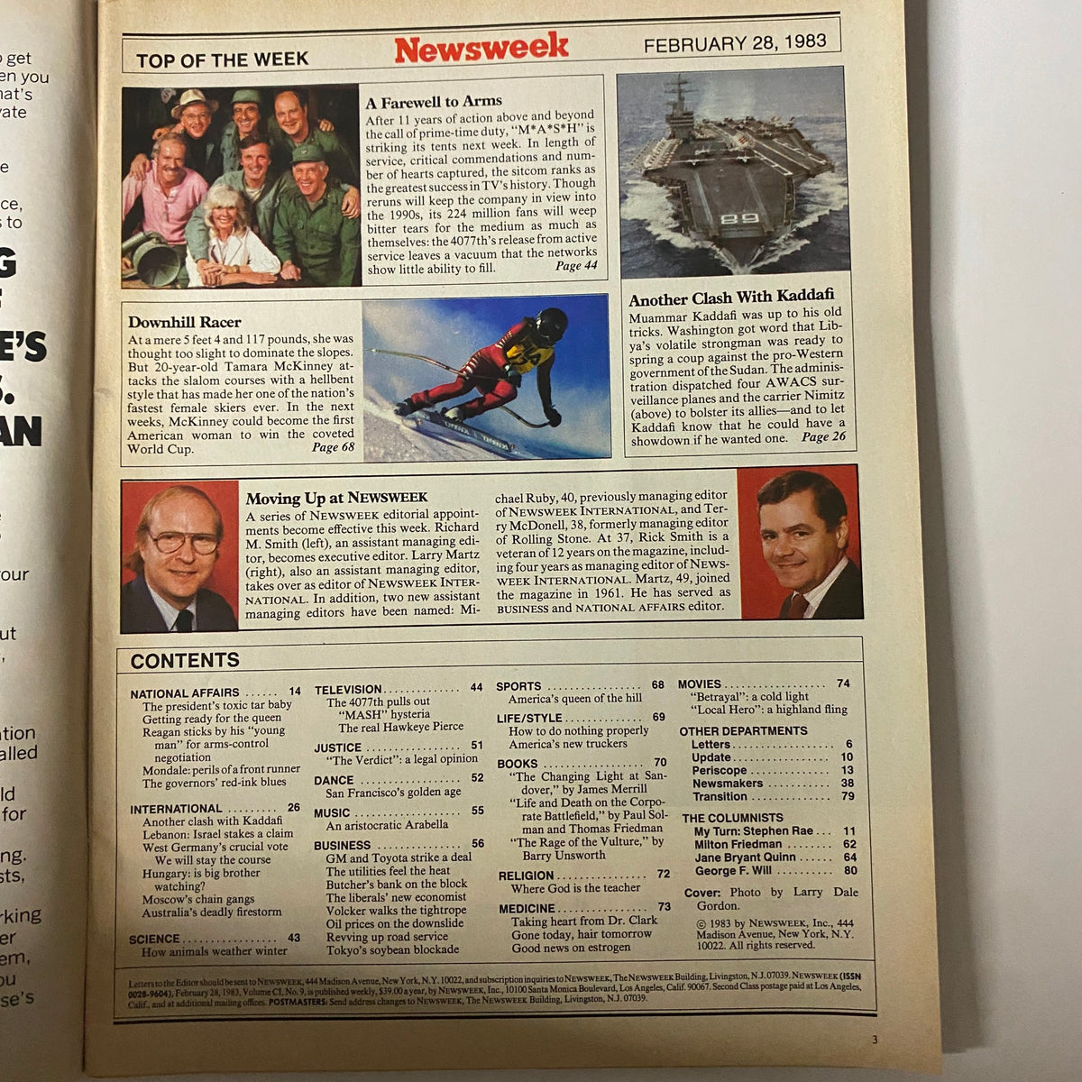 Inside page of Newsweek Magazine from February 28, 1983, highlighting articles including 'A Farewell to Arms' about M*A*S*H and other features like Downhill Racer and political commentary.